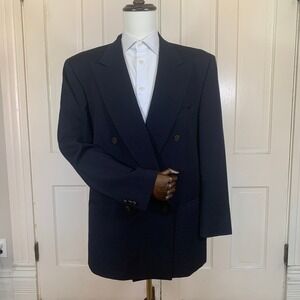 Nino Cerruti Rue Royale Mens Navy Blue Wool Double Breasted Blazer USA Vintage